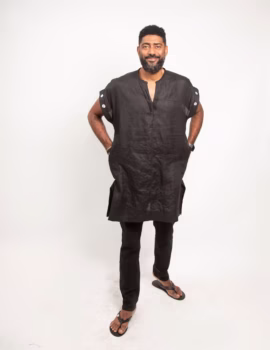 Yawvee pleated v neck in black linen