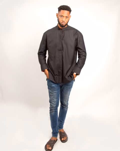 African Black Jap in black linen long sleeves