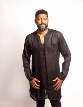 Long sleeves Pleated V neck black linen