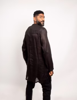 Long sleeves Pleated V neck black linen