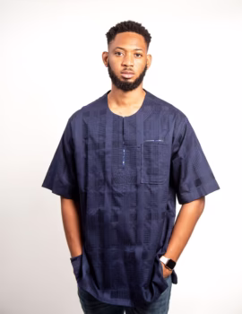 Stitches with trimmings in Navy blue cotton Osaka Short sleeves