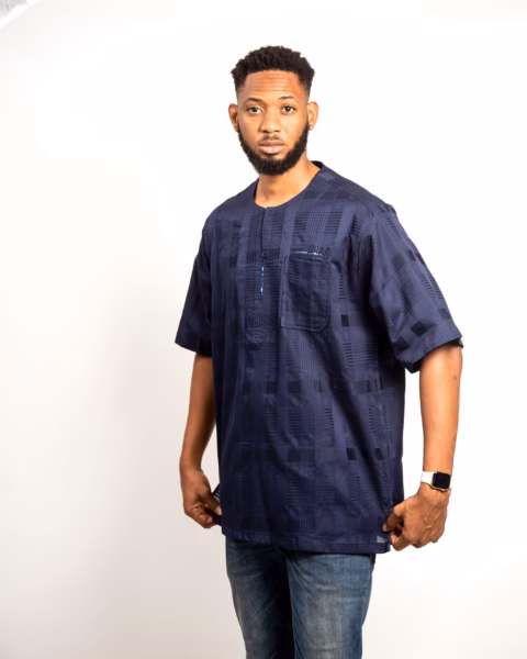 Stitches with trimmings in Navy blue cotton Osaka Short sleeves