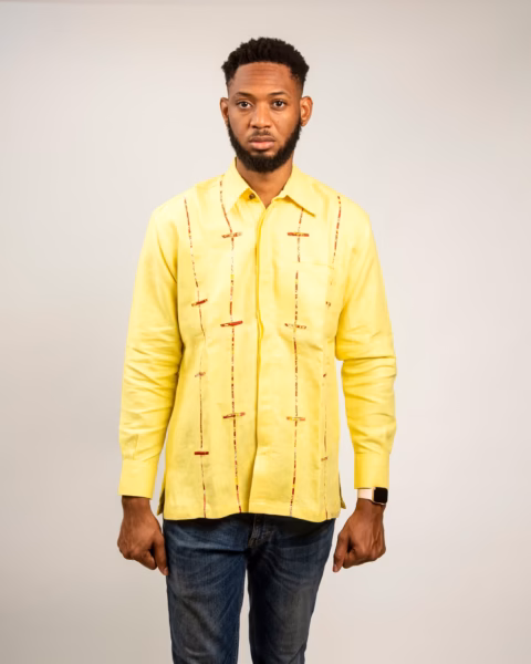 Tribal mark  yellow linen shirt long sleeves